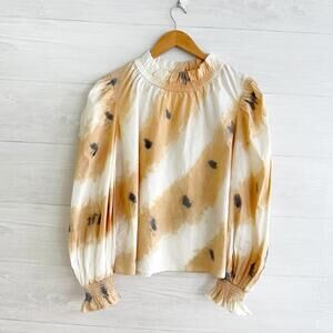 SEA New York - Tan beige tie-dye smocked neck button back cotton top, S